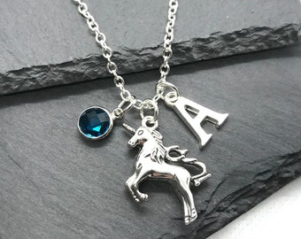 Personalised Unicorn Necklace, Birthstone Crystal Initial Letter Charm Jewellery, Fairy Tale Horse Fantasy, Little Girls Birthday Gift Box