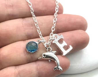 Cute Tiny Dolphin Necklace, Birthstone Crystal Initial Letter Charm Jewellery, Cute Bottlenose Aquatic Mammal Birthday Christmas Gift Box