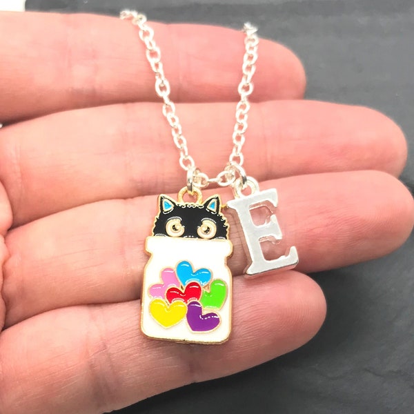 Cat In a Jar Necklace, Initial Letter Charm, Cute Animal Lover Kitten Pet Loss Memory Dog Jewellery, Children Girls Kids Daughter Gift Box