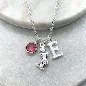 Personalised Mermaid Necklace, Birthstone Crystal Initial Letter Charm Jewellery, Birthday Fairy Tale Fantasy Gifts for Her Girls Daughter