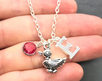 Personalised Duck Necklace, Birthstone Crystal Initial Letter Charm Jewellery, Duckling Pet Animal Bird Birthday Gifts for Girls Daughter