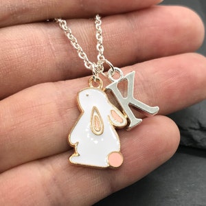 Rabbit Necklace, Personalised Initial Silver Charm, Cute Animal Nature White Bunny Pet Loss Memorial Jewellery Lover, Girls Kids, Gift Box