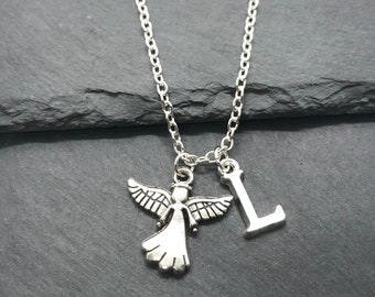 Angel Initial Necklace: Silver Plated Charm, Christening Gift
