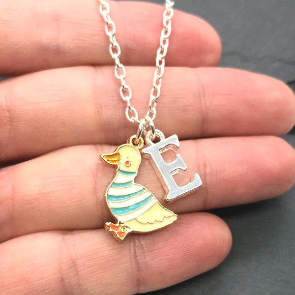 Enamel Duck Necklace, Personalised Initial Silver Charm, Cute Duckling Animal Nature Pet Loss Memorial Jewellery Lover, Girls Kids, Gift Box