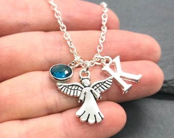Personalized Angel Necklace: Birthstone Crystal, Initial Charm, Guardian Gift