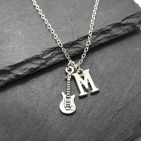 Tiny Electric Guitar Necklace, Personalised Initial Charm, Rock Music Rockstar Ukulele Guitarist Singer Lover, Jewellery Girls Kids Gift Box