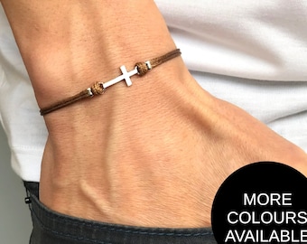 Minimalist Cross Cord Bracelet: Alloy Tibetan Silver Plated, Dark Brown Cord, Christian Religious Gift
