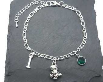 Dino Initial Bracelet: Silver Plated Dinosaur Charm, Birthstone Jewelry