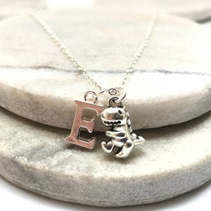 Dinosaur Necklace, Personalised Initial Letter Charm, Cute Animal Dino T-Rex Tyrannosaurus Jewellery, Children Girls Kids Daughter Gifts Box