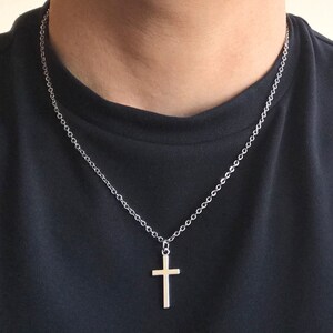 Plated Tibetan Silver Cross Pendant Charm, Stainless Steel Curb Cable Chain Necklace Men Jewellery, Christian Catholic, Minimalist Gift Box Bild 2