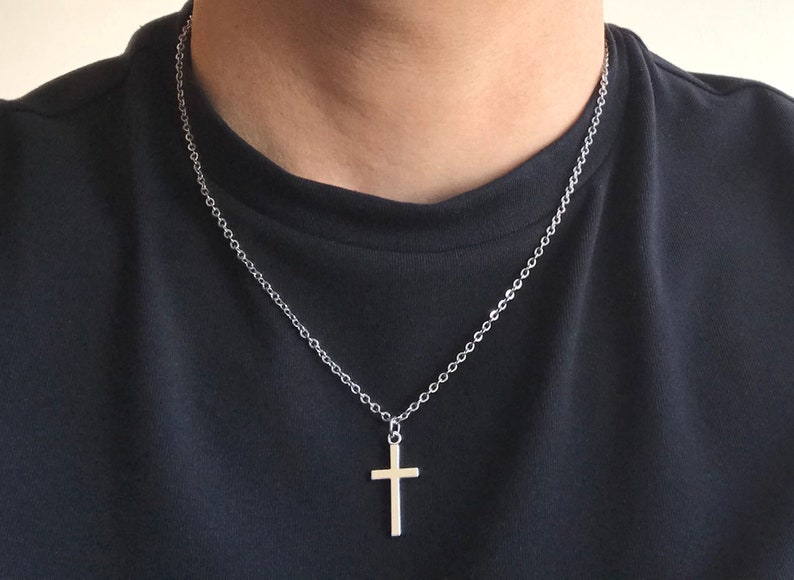 Plated Tibetan Silver Cross Pendant Charm, Stainless Steel Curb Cable Chain Necklace Men Jewellery, Christian Catholic, Minimalist Gift Box Bild 2