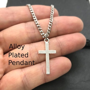 Plated Tibetan Silver Cross Pendant Charm, Stainless Steel Curb Cable Chain Necklace Men Jewellery, Christian Catholic, Minimalist Gift Box Curb Chain