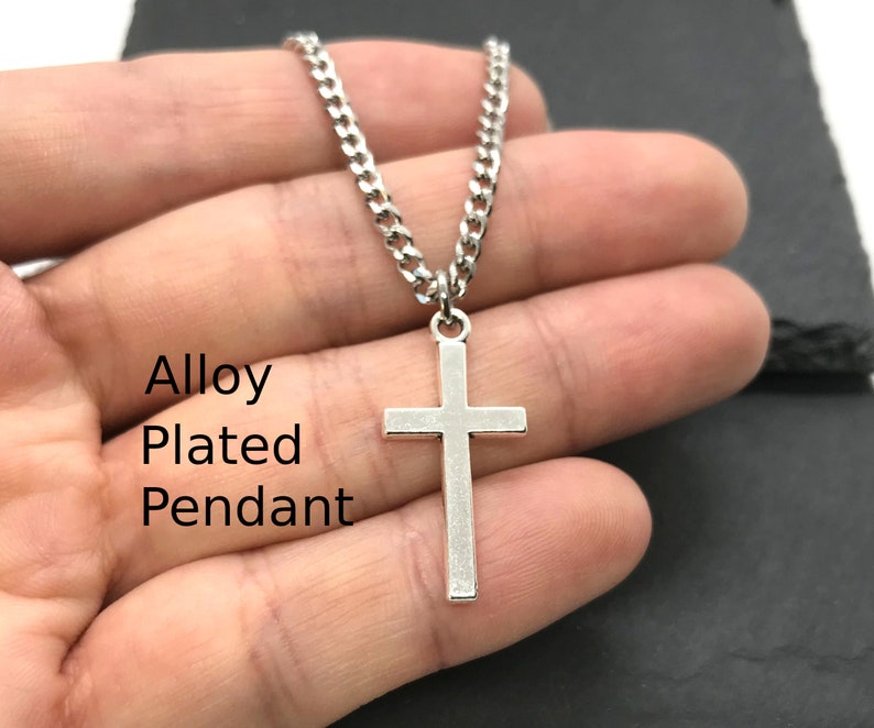 Plated Tibetan Silver Cross Pendant Charm, Stainless Steel Curb Cable Chain Necklace Men Jewellery, Christian Catholic, Minimalist Gift Box Curb Chain