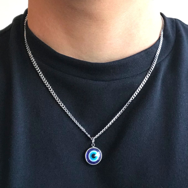 Blue Evil Eye Pendant Charm, Stainless Steel Necklace for Men Women Jewellery, Symbol Of Protection Religious Amulet Good Luck, Gift Box