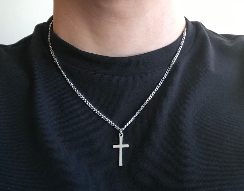 Plated Tibetan Silver Cross Pendant Charm, Stainless Steel Curb Cable Chain Necklace Men Jewellery, Christian Catholic, Minimalist Gift Box Bild 1