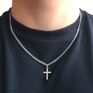 Small Stainless Steel Cross Delicate Pendant Charm, Curb Cable Chain Necklace Men Women Jewellery, Christian Catholic, Minimalist Gift Box