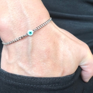 Tiny Minimalist Evil Eye Thin Curb Chain Bracelet, Eyeball Symbol Of Protection, Blue Seeing Greek Eyes Jewellery Turkish Men Women Gift Box