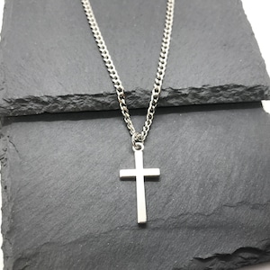 Plated Tibetan Silver Cross Pendant Charm, Stainless Steel Curb Cable Chain Necklace Men Jewellery, Christian Catholic, Minimalist Gift Box Bild 8
