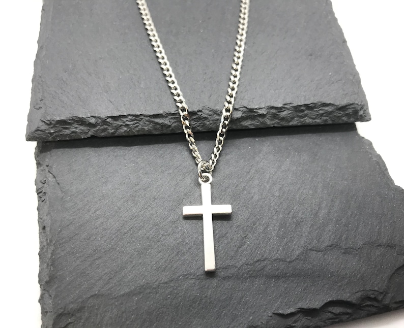 Plated Tibetan Silver Cross Pendant Charm, Stainless Steel Curb Cable Chain Necklace Men Jewellery, Christian Catholic, Minimalist Gift Box Bild 8