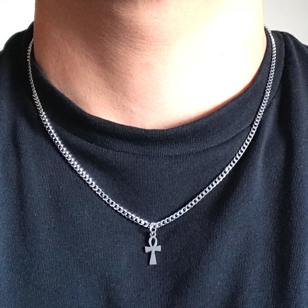 Tiny Egyptian Ankh Cross Pendant, Stainless Steel Necklace for Men Women Jewellery, Egypt Amulet Christian Catholic Cross Religious Gift Box