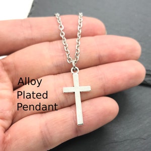 Plated Tibetan Silver Cross Pendant Charm, Stainless Steel Curb Cable Chain Necklace Men Jewellery, Christian Catholic, Minimalist Gift Box Cable Chain