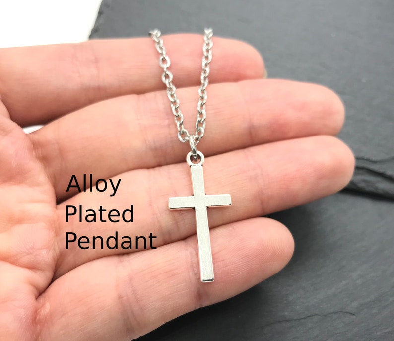 Plated Tibetan Silver Cross Pendant Charm, Stainless Steel Curb Cable Chain Necklace Men Jewellery, Christian Catholic, Minimalist Gift Box Cable Chain