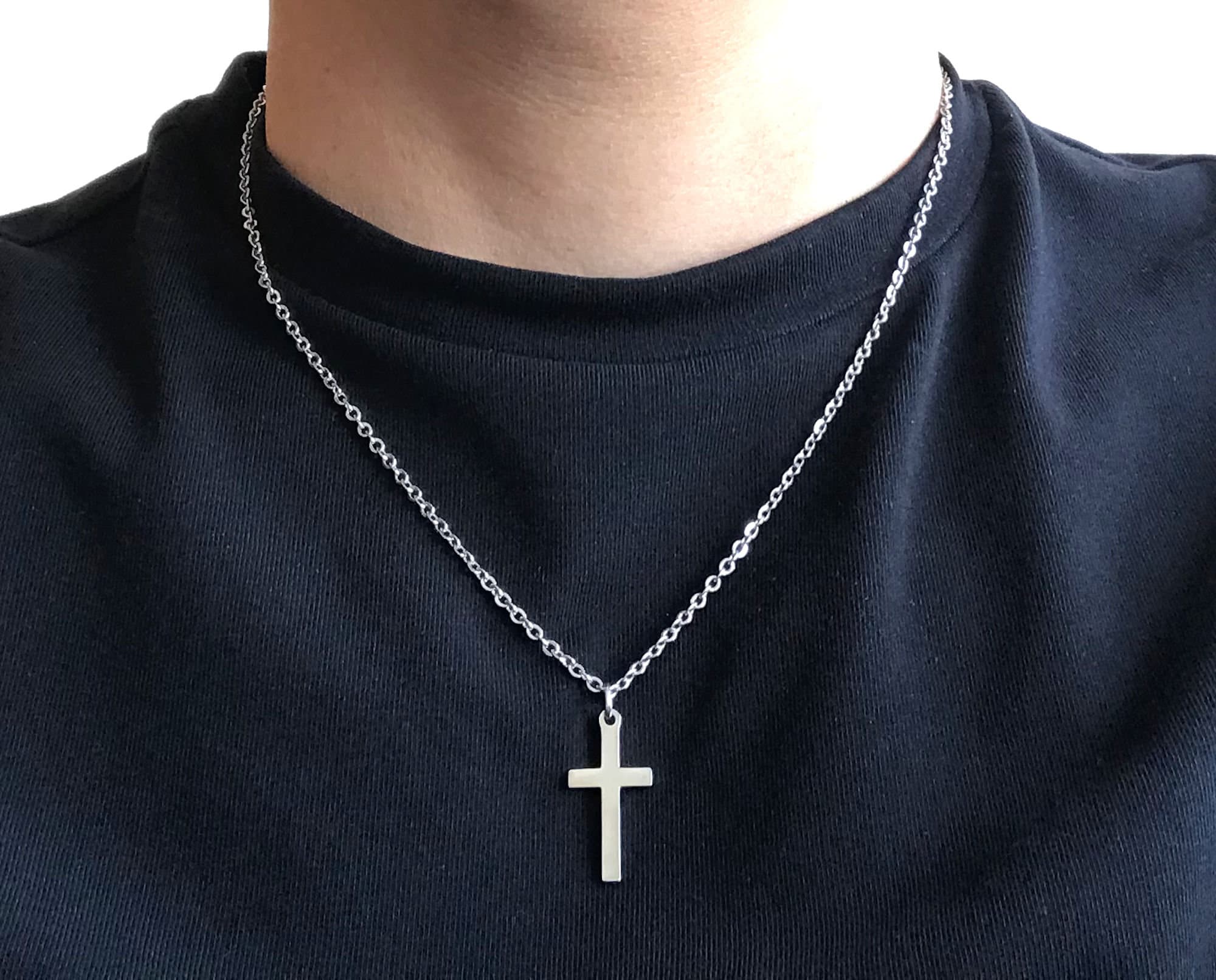 WEDDINEN Stainless Steel Cross Necklace for Men Boys Large Christian Silver Cross  Chain Pendant Cool Necklace 24