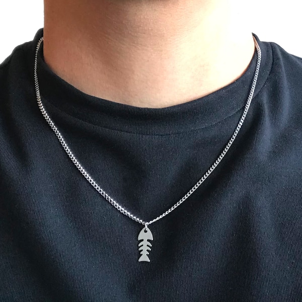 Tiny Fish Bone Pendant Charm, Stainless Steel Necklace for Men Women Jewellery, Fisherman Beach Anchor Water Mermaid Minimalist, Gift Box