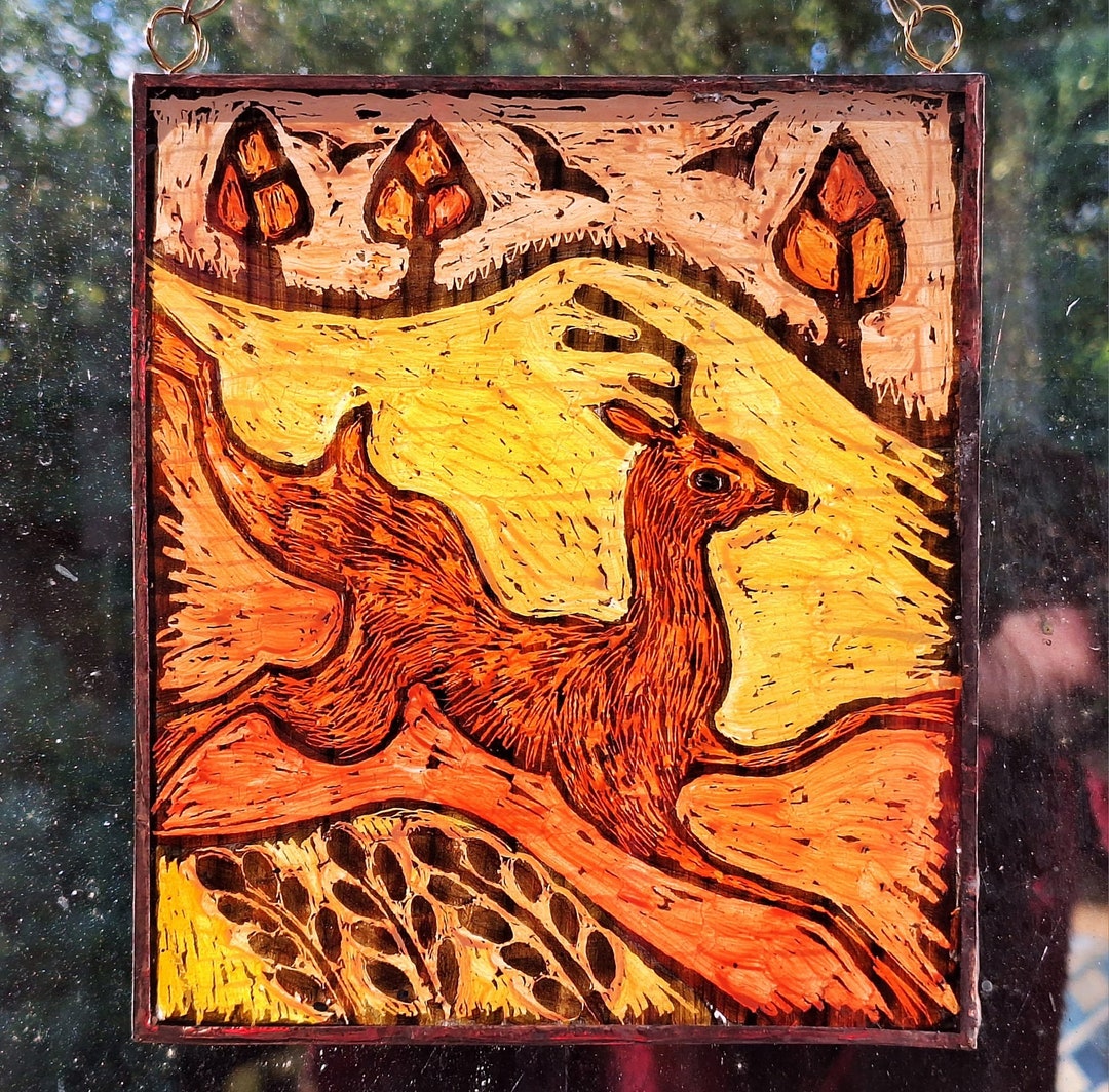 DEER GLASS SUNCATCHER. 7 X 6 . Wildlife Themed Painting. Deer Gift
