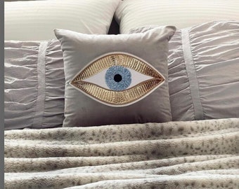 Throw Pillow For Bed - Off White Velvet Cushion Cover - Evil Eye Pattern - Unique Room Decor - Protection against Beady Eyes