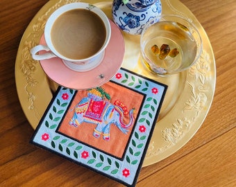 Decorative Elephant Pattern Linen Napkins - Coffee Table Linens - Beverage & Cocktail Napkin Set of 2, 4, 6, 8 - High Quality 100% Linen