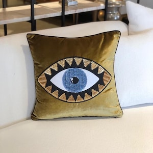 Decorative Throw Pillow Cover - Gold Velvet Cushion Cover - Evil Eye Pattern Accent Pillow - Boho Home Decor -  Protection Against Bad Luck