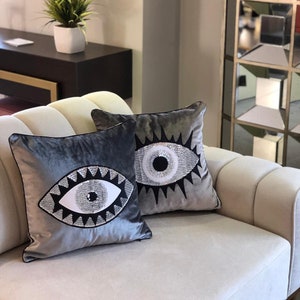 Throw Pillow Set - Evil Eye Pillow Covers - Gray Velvet Accent Pillows - Unique Home Decor Cushions - Amulet Protection against Misfortune