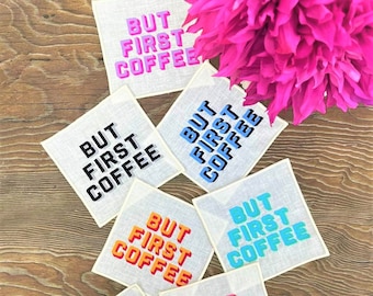 But First Coffee Pattern Cocktail Napkins - Decorative Coffee Presentation Napkins Set of 7 - Colorful Linens for Beverage & Coffee Tables