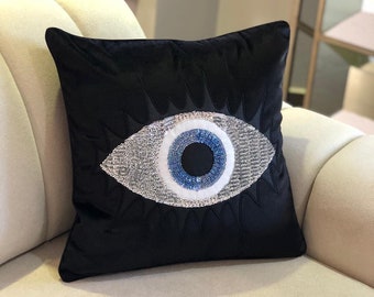 Boho Throw Pillow - Black Velvet Cushion Cover - Evil Eye Pattern Accent Pillow - Unique Amulet Home Decor - Protection against Bad Luck