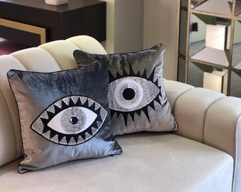 Throw Pillow Set - Evil Eye Pillow Covers - Gray Velvet Accent Pillows - Unique Home Decor Cushions - Amulet Protection against Misfortune