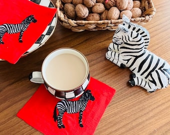 Decorative Zebra Pattern Cocktail Napkins - Red Linen Coffee Napkins Set of 2, 4, 6, 8 - Highest Quality Coffee & Beverage Presentation