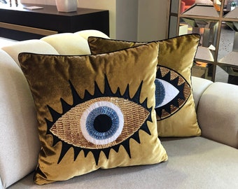 Throw Pillow Set - Evil Eye Pillow Covers - Gold Velvet Accent Pillows - Unique Home Decor Cushions - Amulet Protection against Misfortune