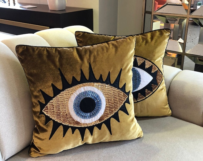 Featured listing image: Throw Pillow Set - Evil Eye Pillow Covers - Gold Velvet Accent Pillows - Unique Home Decor Cushions - Amulet Protection against Misfortune