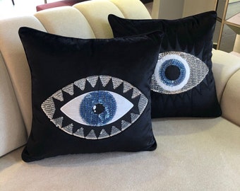 Throw Pillow Set - Evil Eye Pillow Covers - Black Velvet Throw Pillows - Silver & Blue Sequin Accent Cushions - Amulet Bad Vibe Protector