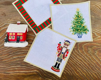 New Year Patterns Cocktail Napkins - Beverage Linen Set of 4 - Christmas Table Napkins - Nutcrackers - Real Beaded New Year Pine Tree Linens