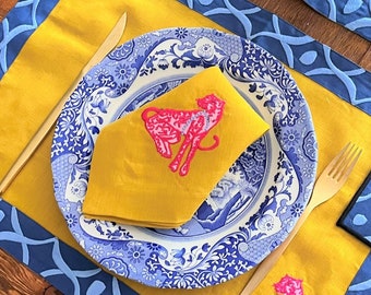 Pink Panther Dinner Napkins - Mustard Linen Napkin Set - Embroidered Animal Print Cloth Napkins