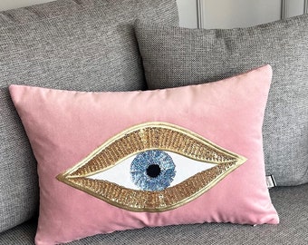 Evil Eye Pattern Throw Pillow | Pink Velvet Cushion Cover with Gold Sequins