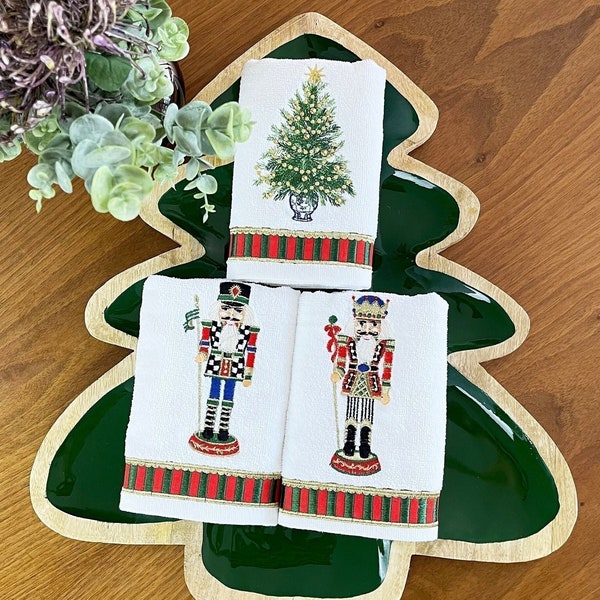Hand Towels for Bathroom - Hand Towel Set for Christmas Decor - Embroidered Nutcrackers & Christmas Tree Finger Towel Set for New Year Gift