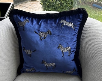 Zebra Pattern Blue Velvet Throw Pillow Cover - Animal Print Pillow Cover For Couch - Decorative Black Tasseled Cushion - Unique Gift idea