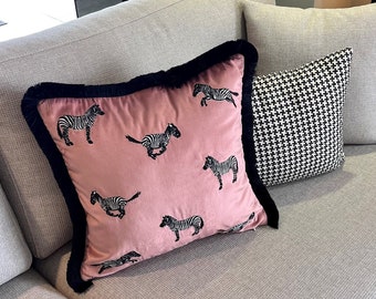 Zebra Pattern Pink Velvet Pillow Cover For Couch -  Black Tassel Boho Decor Throw Pillow - Attractive Animal Print Decoration Cushion Cover