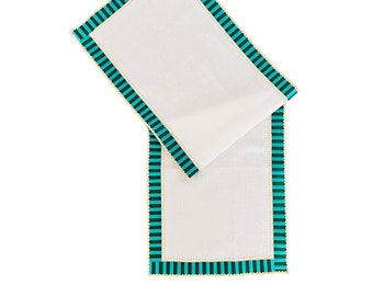 Green Chekered White Table Runner - Emerald Green Linen Table Cloth - Decorative Medallion Table Decor - 16 x 47 inches - Gold Color Cording