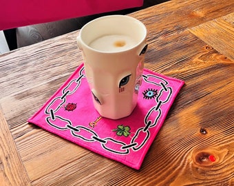 Lucky Charm Patterned Coffee Decor - Pink Linen Cloth Napkin