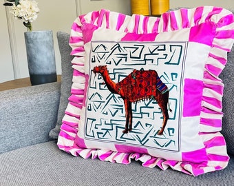 Camel Pattern Throw Pillow For Couch - Velvet Ruffled Cushion Cover - Pink Checkered Velvet Cushion - Animal Print Handmade Paintings