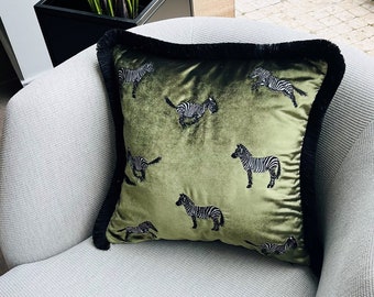 Zebra Pattern Throw Pillow Cover For Couch – Animal Print Moss Green Velvet Cushion – Boho Home Decor Accent Pillow Cover - Black Tassel